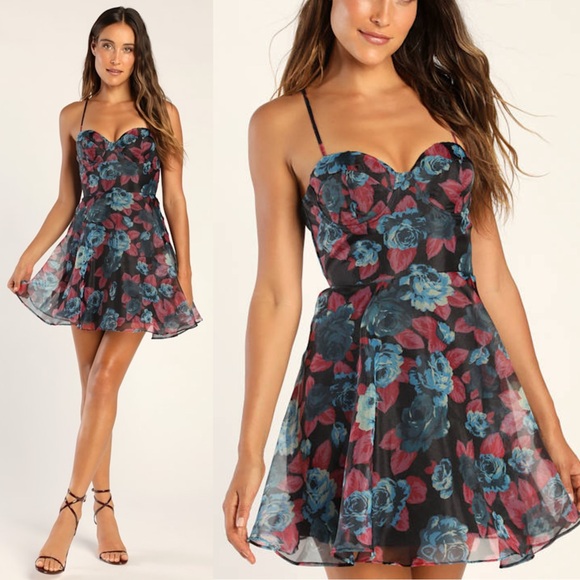 Lulus Dresses & Skirts - Lulus Gorgeous Ideas Navy Blue Floral Organza Skater Mini Dress Size Medium